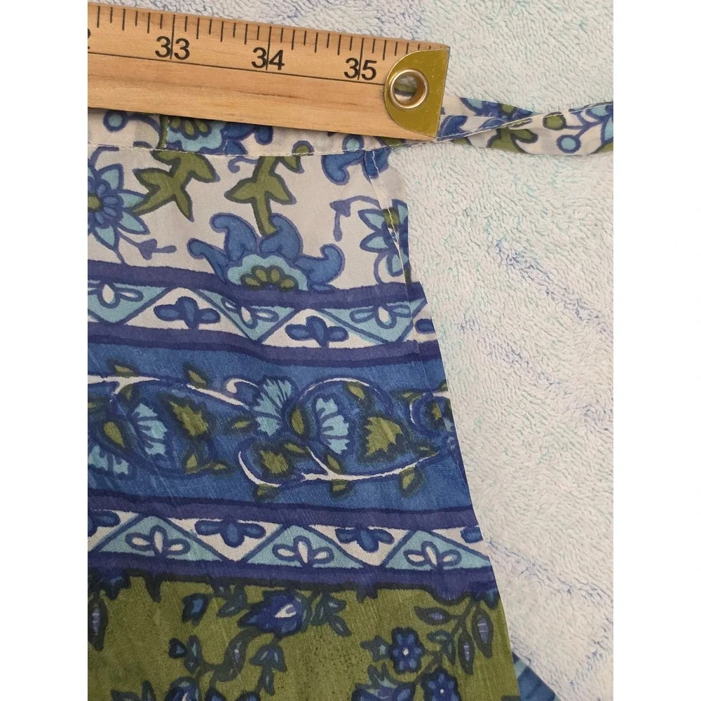 Vintage Silk Floral Wrap Maxi Skirt Blue Green Boho One Size Miss June